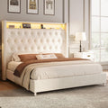 Jocisland 53.2'' Queen Size Bed Frame with Tall Storage Headboard, LED Lights & Charging Station, Velvet High Upholstered Button Tufted Wingback Platform Bed, No Box Spring Needed, Cream