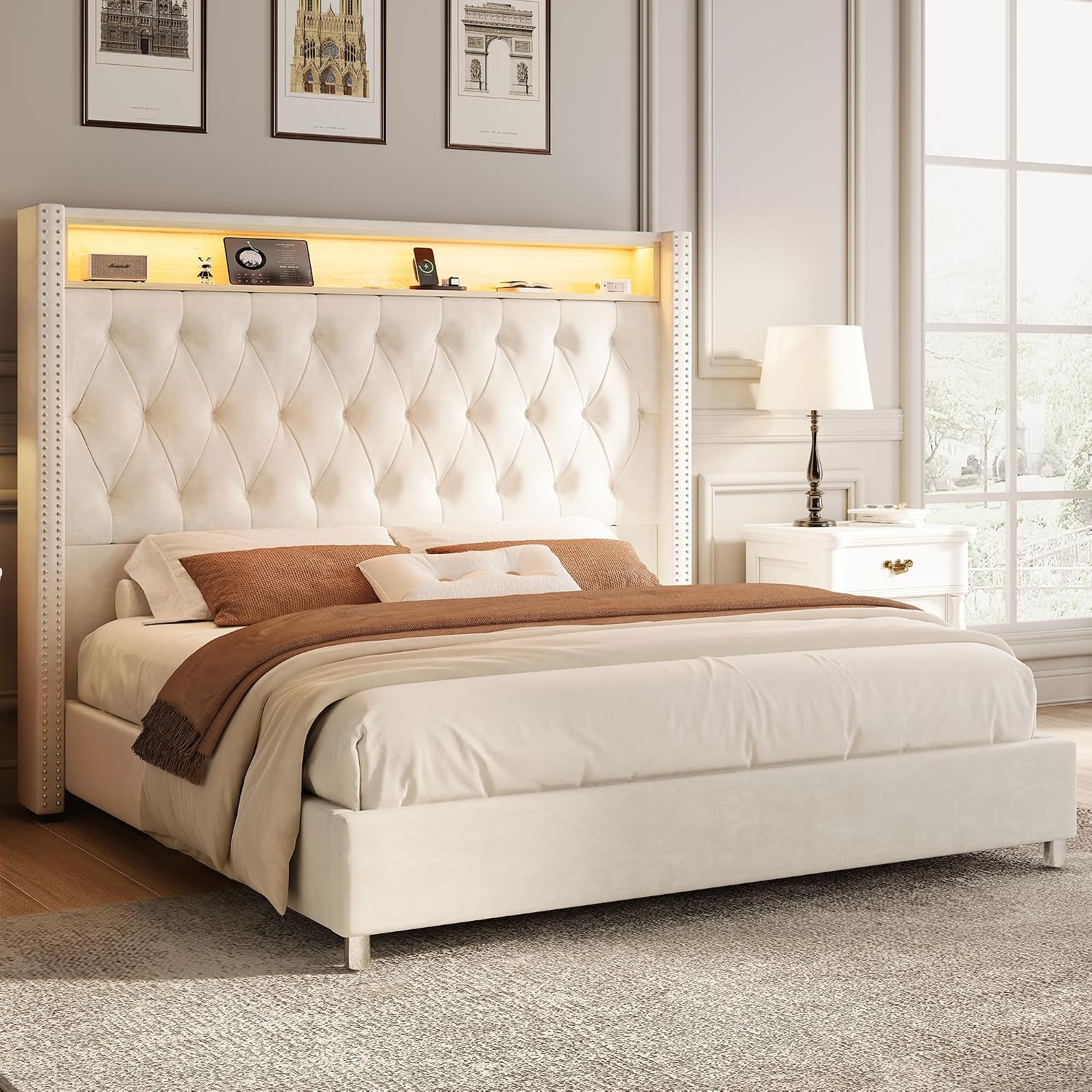 Jocisland 53.2'' Queen Size Bed Frame with Tall Storage Headboard, LED Lights & Charging Station, Velvet High Upholstered Button Tufted Wingback Platform Bed, No Box Spring Needed, Cream