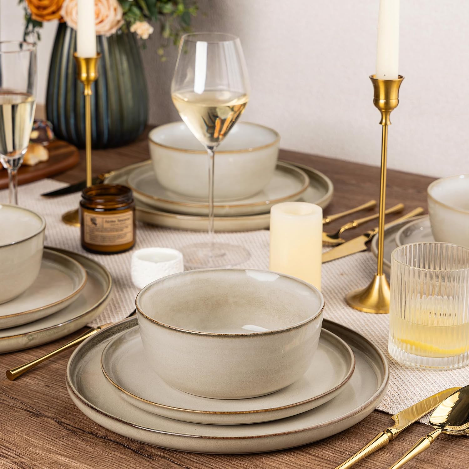 AmorArc Stoneware Dinnerware Sets,Round Reactive Glaze Ceramic Plates and Bowls Sets,Highly Scratch Resistant | Microwave & Dishwasher Safe,Cappuccino,Service for 8 Dishes Set