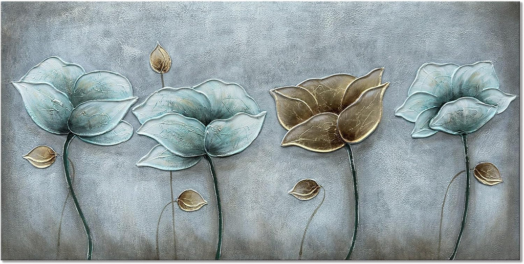 Alenoss 3D Large Oil Paintings on Canvas Wall Art 60x30 Inches Hand Painting Metal Luster Lotus Artwork Abstract Paintings Floral Wall Decor Texture Wall Art for Home Decorations