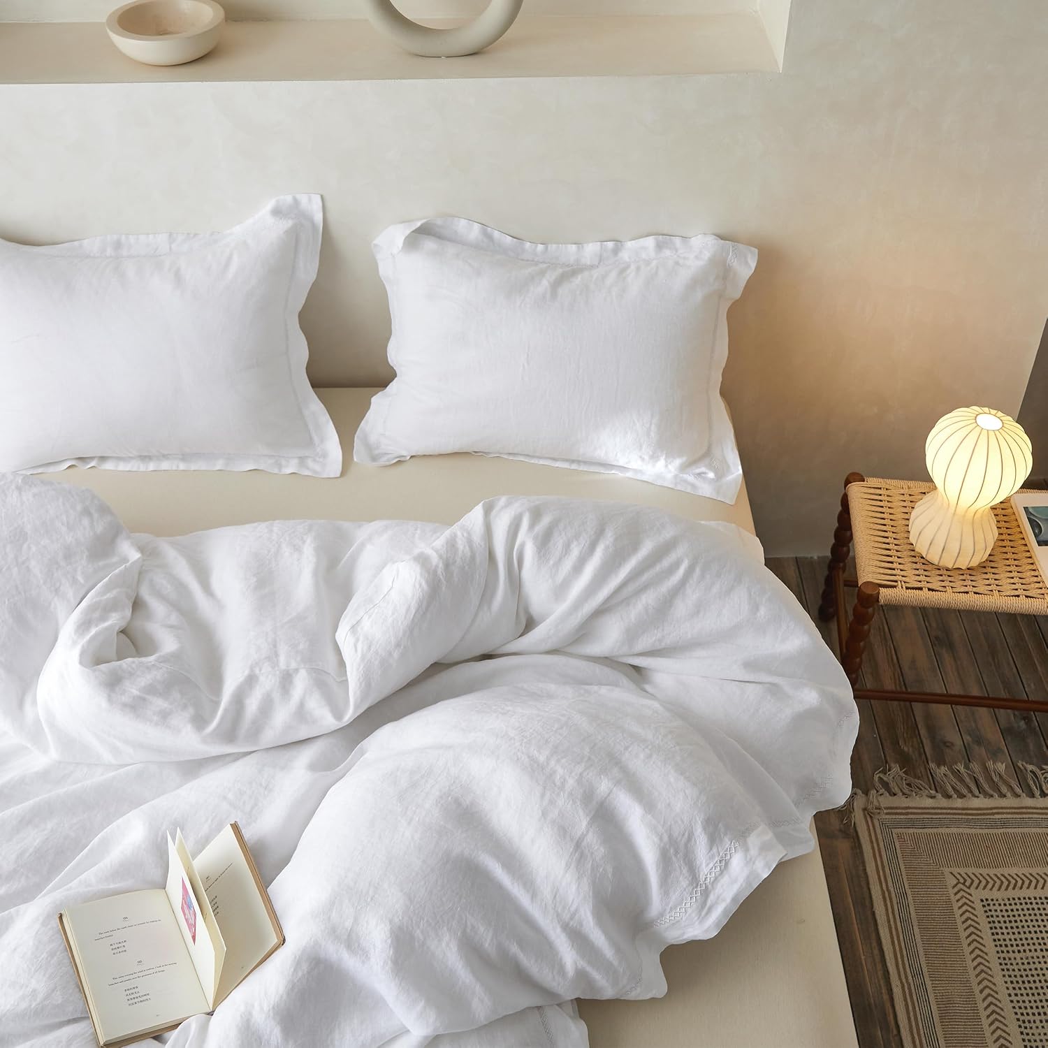 Simple&Opulence 100% Linen Duvet Cover Set with Crossed Embroidery Washed - 3 Pieces (1 Duvet Cover with 2 Pillow Shams) Soft Breathable Farmhouse - White, King Size