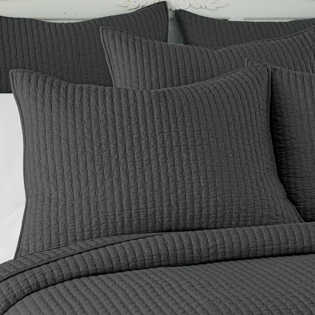 Levtex Home Cross Stitch Reversible Full/Queen Quilt Set (88x92in) with 2 Pillow Shams (26x20in) - Stitch Texture - Charcoal - Cotton Full/Queen Size Quilt Bedding Set - Lightweight, Soft, Pre-Washed