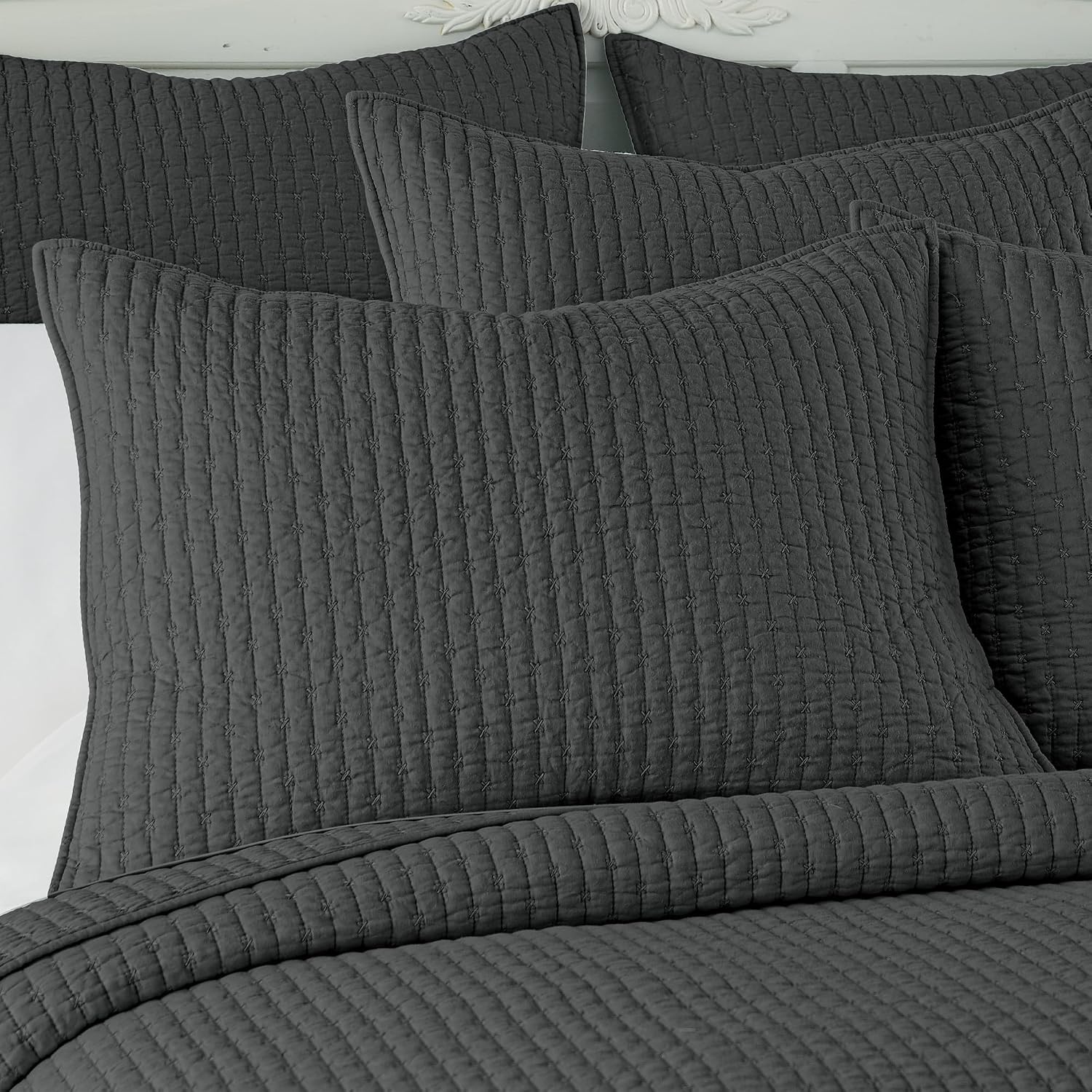 Levtex Home Cross Stitch Reversible Full/Queen Quilt Set (88x92in) with 2 Pillow Shams (26x20in) - Stitch Texture - Charcoal - Cotton Full/Queen Size Quilt Bedding Set - Lightweight, Soft, Pre-Washed