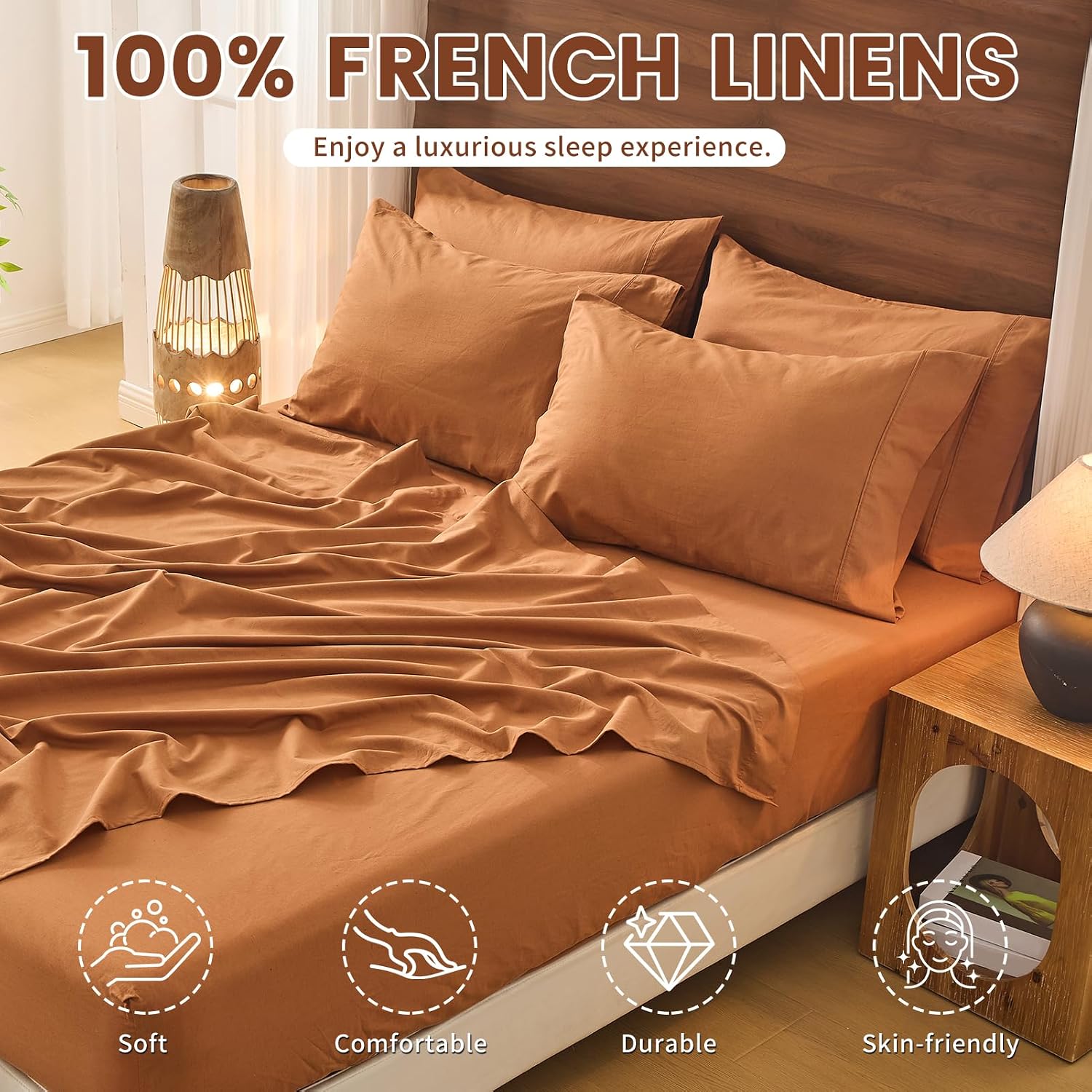 Bedlifes 100% French Pure Linen Sheets Queen Size Breathable and Cooling Flax Sheet Set Soft Durable and Moisture Wicking 16 Inch Deep Pocket-4 Piece(Queen,Brown)