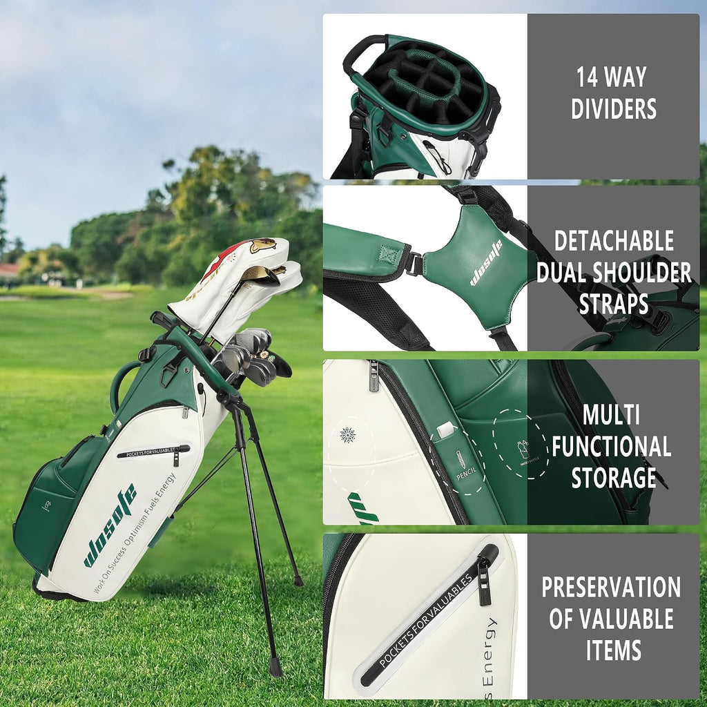 WOSOFE PU Golf Bag with 6/14 Way Top Dividers Automatically Adjustable Dual Straps Elegant Design for Men Women Pu Golf Stand Bag with Multiple Pockets