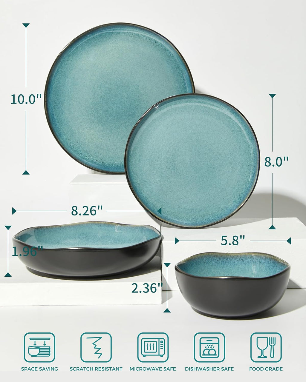 Pokini 24 Pieces Dinnerware Set for 6 with Pasta Bowls, Complete Ceramic Dish Set, Stackable & Glossy Stoneware Plate and Bowl Set for Effortless Everyday Hosting, Green Black