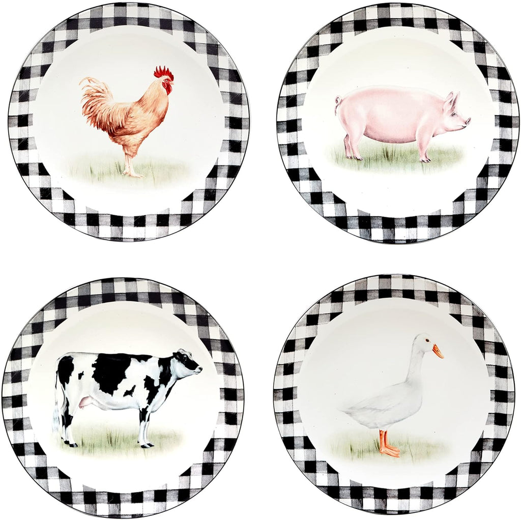 On the Farm 16-Piece Dinnerware Set – Country Farmhouse Plates, Bowls & Mugs for 4 – Ceramic Dinnerware Featuring Cow, Pig, Rooster, Duck & Gingham Design – Rustic Kitchen Tableware