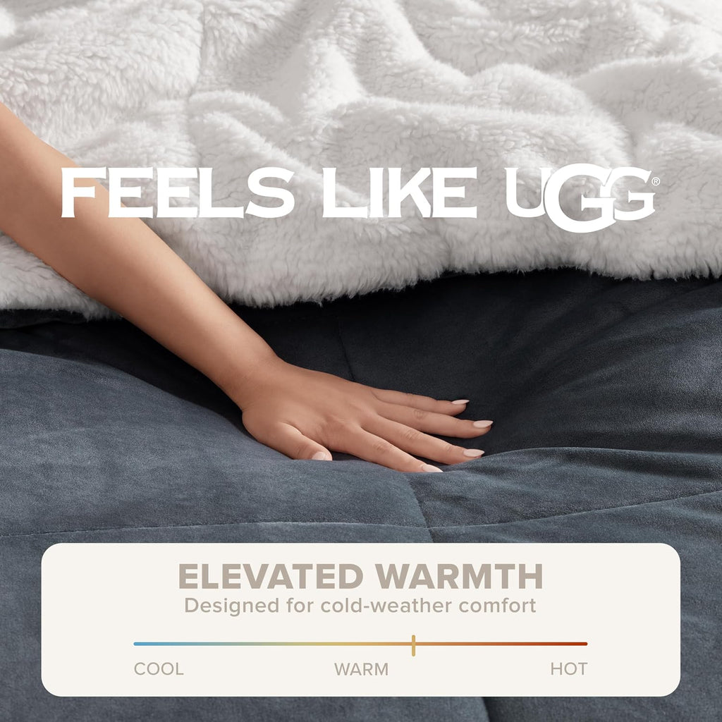UGG Blissful Queen Comforter Set with 2 Pillow Shams, Reversible Fleece Bed Comforter, Ultra Warm Winter Bed Set, Down Alternative Bedding, Full/Queen Size, Imperial Blue