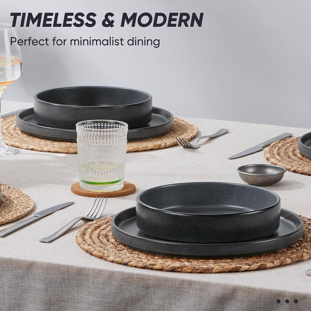 E-far Dinnerware Sets with Pasta Bowls, 24-Piece Stoneware Plates and Bowls Sets for 6 | Microwave & Dishwasher Safe Kitchen Modern Dish Set, Deep Gray