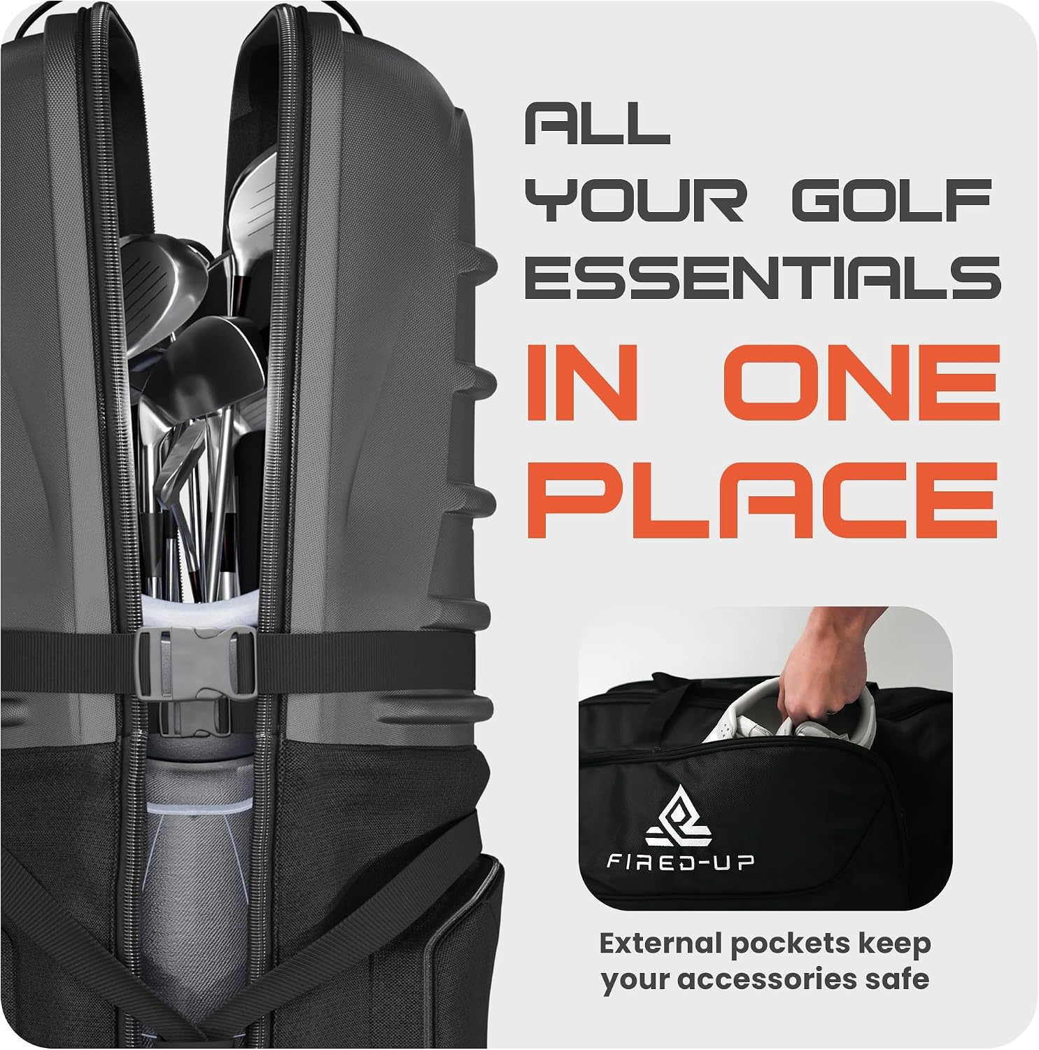 FIRED-UP Hard Top Golf Travel Bags for Airlines - 1680D Hard Case Golf Travel Bag with Wheels, Internal Strap, Grab Handle & Robust Zipper - Collapsible Hard Shell Golf Travel Case for Golf Club