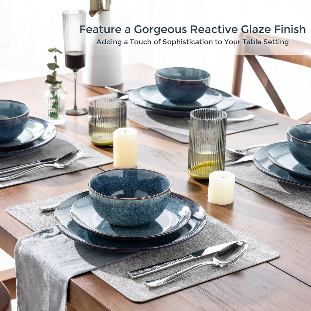 AmorArc Ceramic Dinnerware Sets for 8, 24 Pieces Handpainted Plates and Bowls Set, Scratch Resistant Stoneware Dishes Set, Dishwasher & Microwave Safe, Ceylon Blue