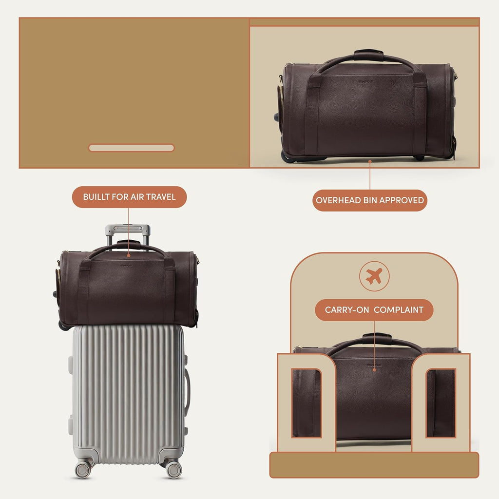 Wool & Oak - NOVA Large Duffle Bag with Wheels - Carry On Garment Duffle Bags for Travel, Overnight, Hospital - Travel Bags for Women & Men with Shoe Compartment & Tech Pocket (Leather, Sand)