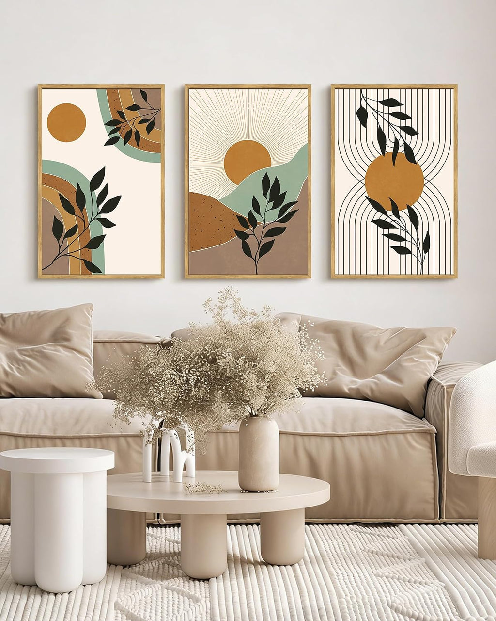 PHOPAGO Boho Wall Art Sage Plant Botanical Framed Wall Printing Large 24x36in Minimalist Bohemain Abstract Canvas Prints with Leaf & Sun Lines - Natural Framed
