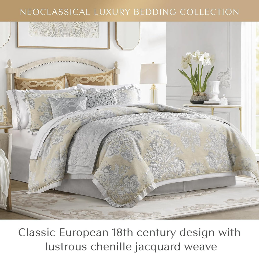 CROSCILL King Comforter Set, Luxe Chenille Jacquard Floral Medallion, Microfiber Twill Comforter for a King-Size Bed, Oversized Comforter King Bedding, 2 Shams & Bedskirt, Loretta, Beige 4 Piece