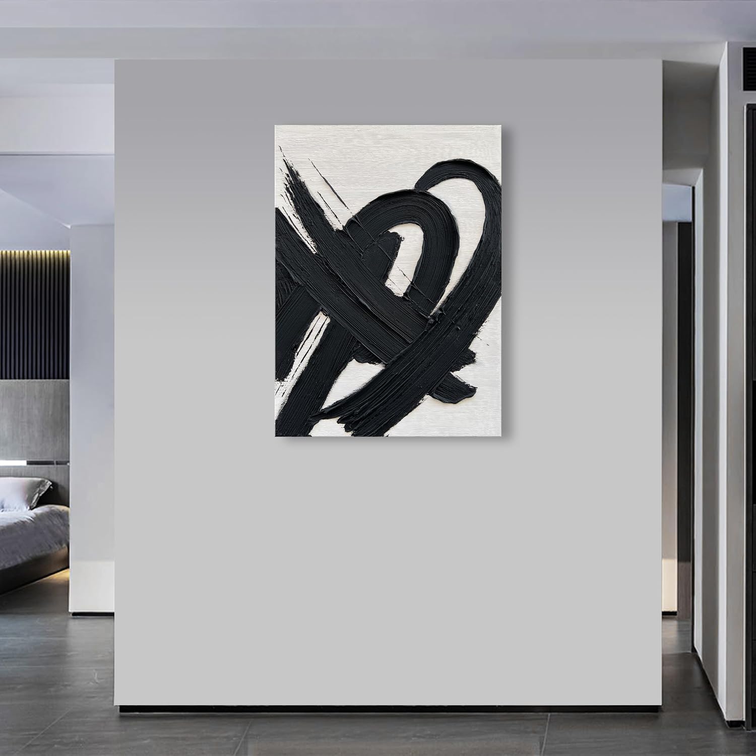 NANKAI Art Hand-Painted Black and White Textured Abstract Oil Painting Modern Minimalist Decorative Art Office Corridor Living Room Wall Decoration Size: 40x28 inches