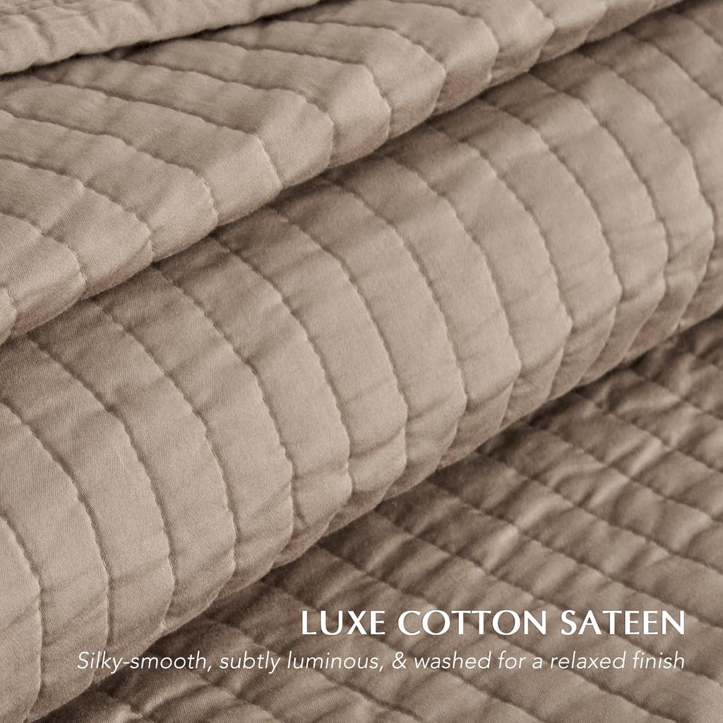 EVERGRACEHOME Cotton Sateen Quilt Set King Size, Pre-Washed Cotton Channel Stitch Coverlet Bedspread, 3 Pieces Lightweight Soft Bedding Sets for All Season, with 2 Pillow Shams, Stone Taupe