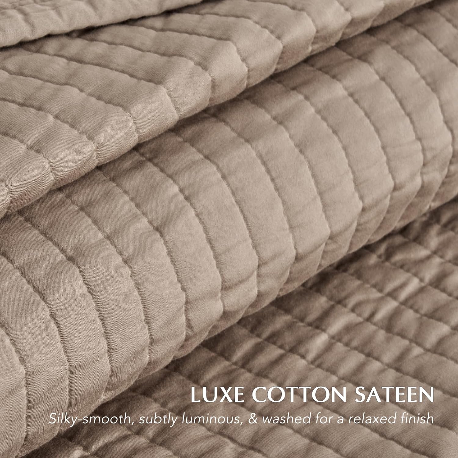 EVERGRACEHOME Cotton Sateen Quilt Set King Size, Pre-Washed Cotton Channel Stitch Coverlet Bedspread, 3 Pieces Lightweight Soft Bedding Sets for All Season, with 2 Pillow Shams, Stone Taupe