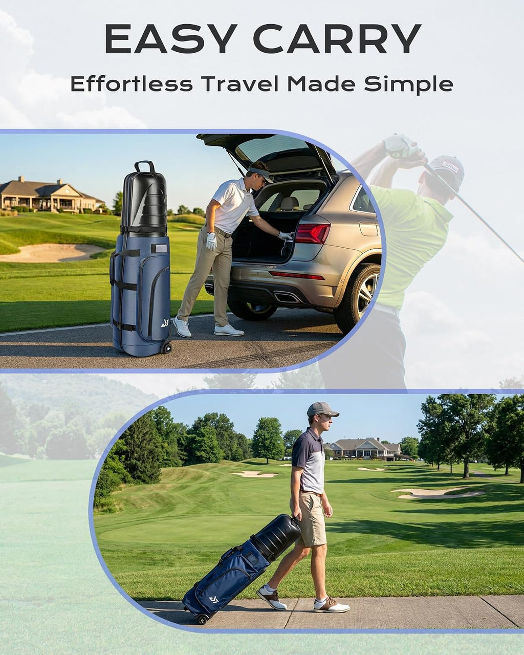 Golf Travel Bag for Airlines, ABS Hard Shell Top, 1680D Oxford Cloth, 4 Side Pockets, Two 4 Inch Wheels, Lockable Zippers, Foldable Club Travel Case
