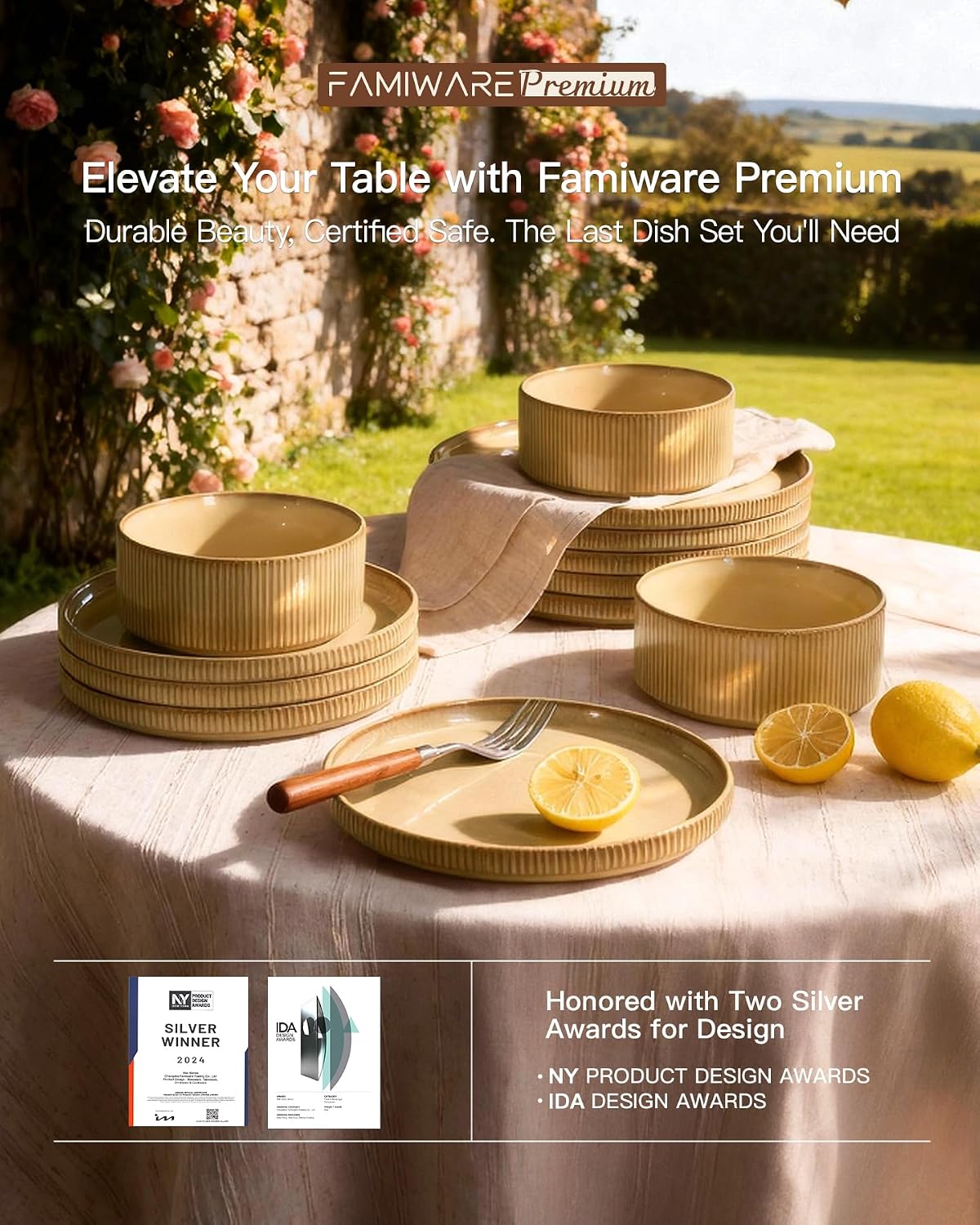 24-Piece Dinnerware Set Service for 8, Famiware Premium Stoneware Dish Set with Ribbed Plates and Deep Bowls, Double Reactive Glaze, Chip & Scratch Resistant, Microwave & Dishwasher Safe, Cream