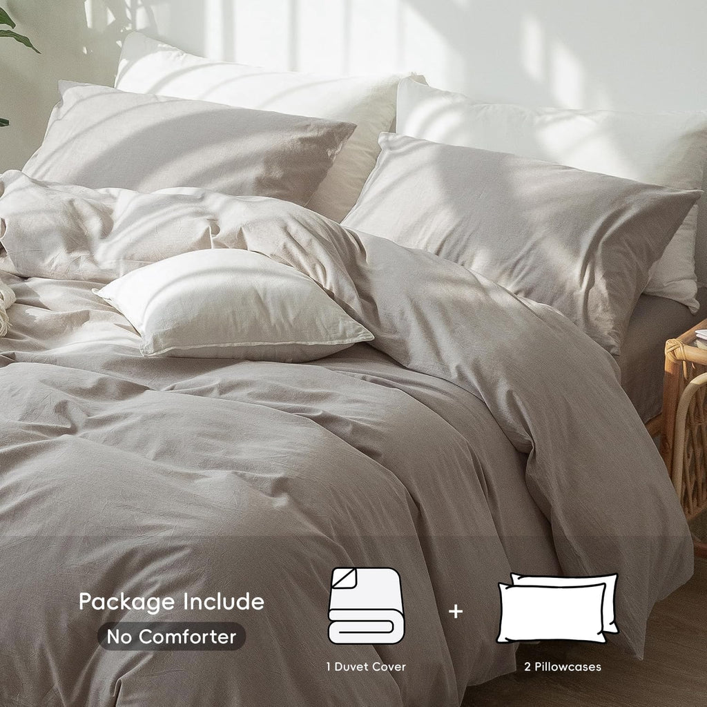 MooMee Bedding Duvet Cover Set 100% Washed Cotton Linen Like Textured Breathable Durable Soft Comfy (Heathered Brownish Grey, Super King Plus 120'x120')