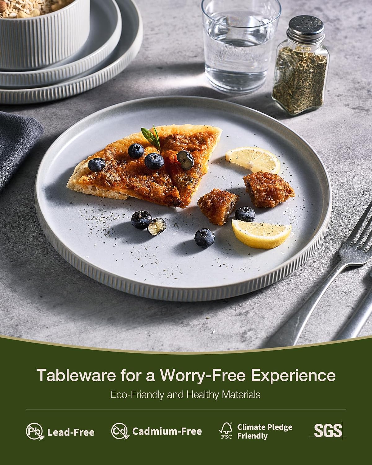 Famiware Star 18-Piece Reactive Glaze Plates and Bowls Sets, Service for 6 - Stoneware Dinnerware with Trim, Modern Rustic Dishes, Chip & Scratch Resistant, Microwave & Dishwasher Safe, Matte Gray