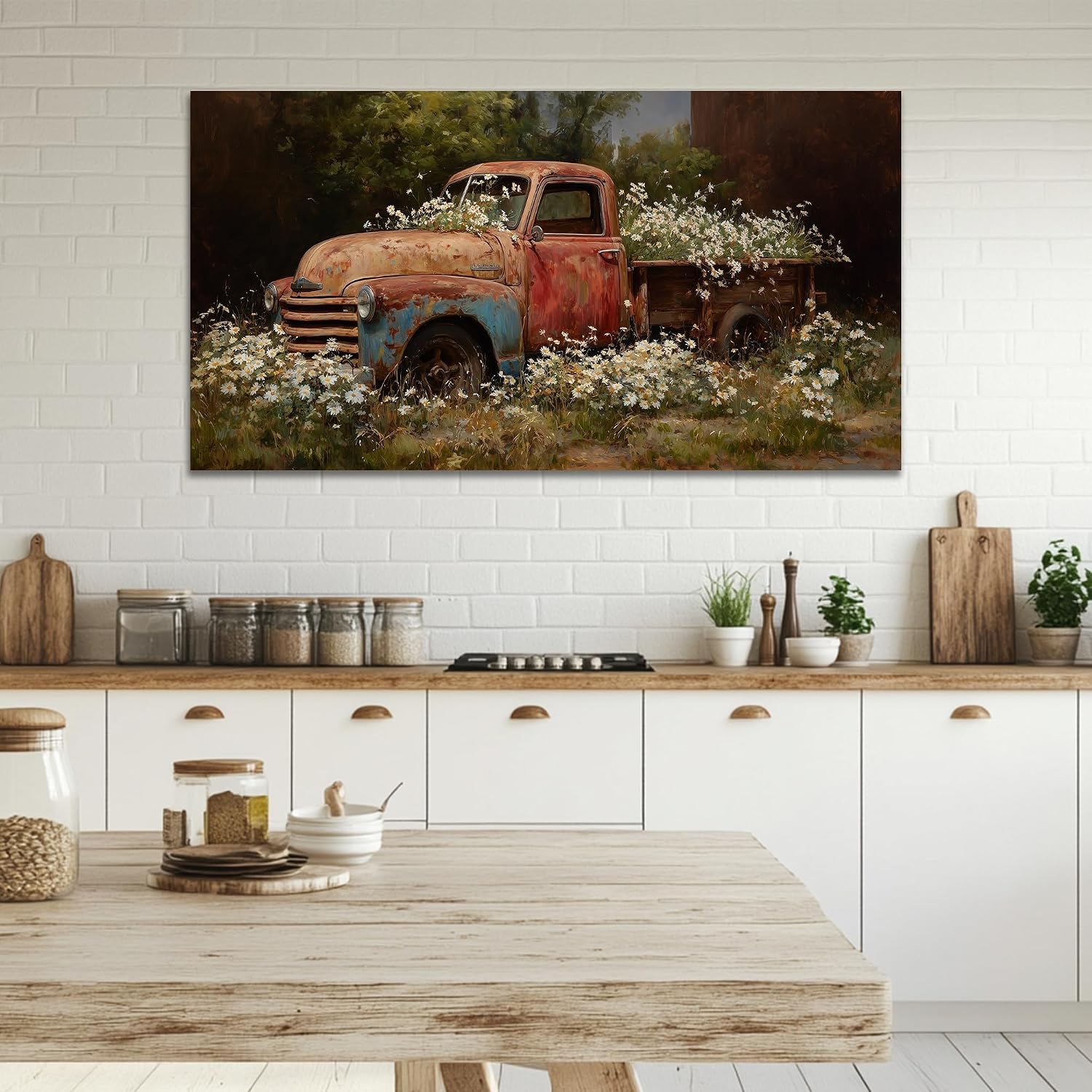 TIMUBA Spring Farmhouse Truck Wall Art, Country Landscape Barn Wall Decor Canvas, Vintage Red Truck Painting Artwork, Modern Rustic Wildflower Picture Poster for Home Living Room Decoration 60x30 Inch