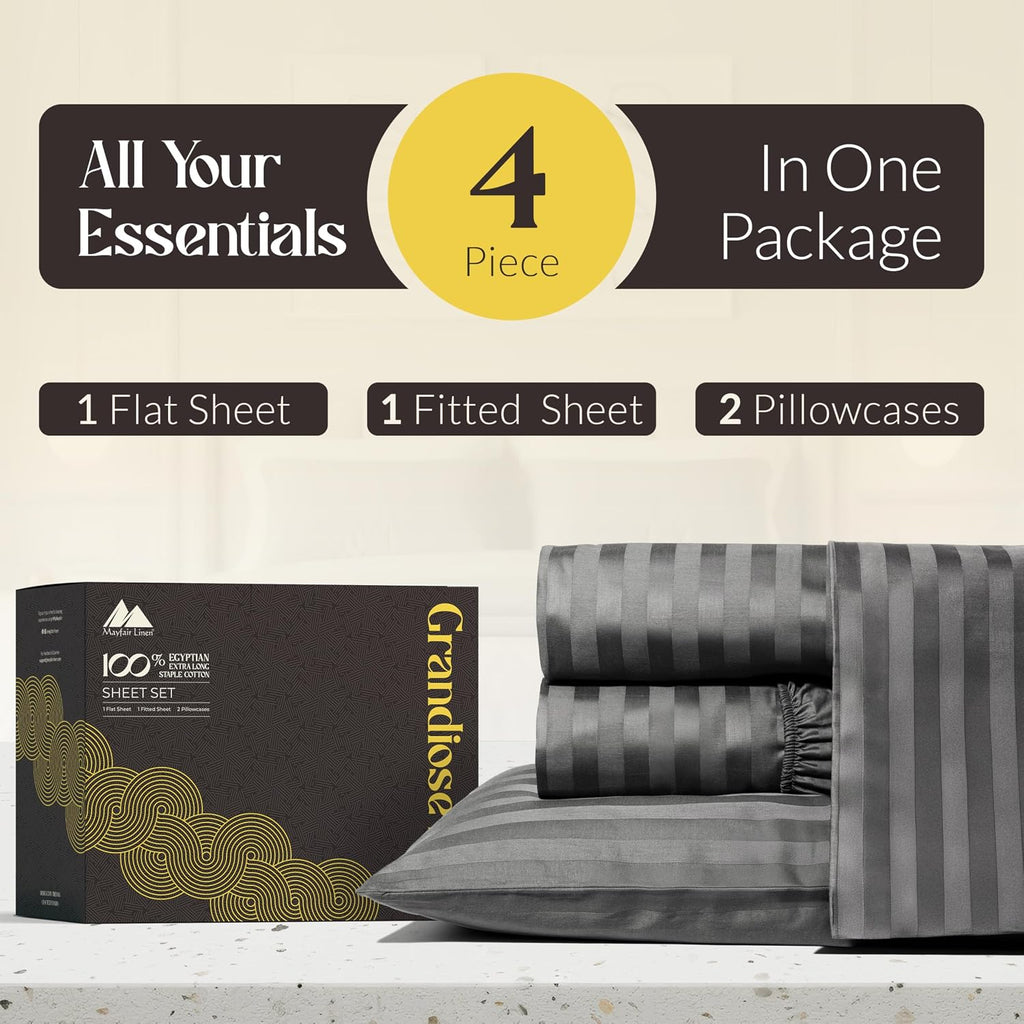 Mayfair Linen 100% Pure Egyptian Cotton Sheet King Size - Luxury 1000 Series Grandiose Collection Striped King Size Sheets Set (4 PC, Dark Grey - Stripe), 16' Deep Pocket Soft Cooling Hotel Sheets Set
