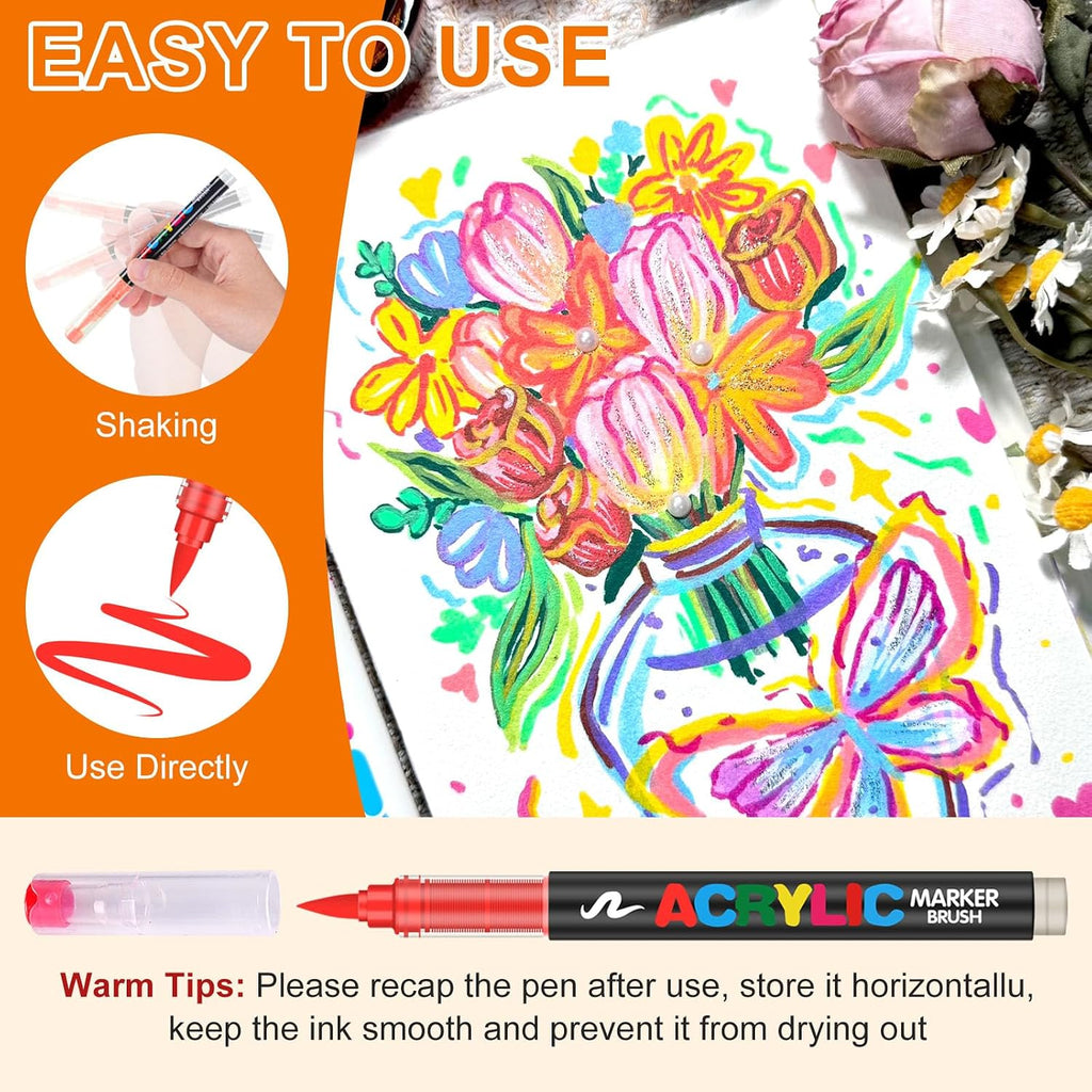 288 Colors Soft Brush Tip Acrylic Markers Set, Paint Pens for Rock, Wood, Fabric, Canvas, Glass, DIY Crafts, Waterproof Paint Markers, Vibrant Acrylic Pens for Artists and Art Projects（BAG)