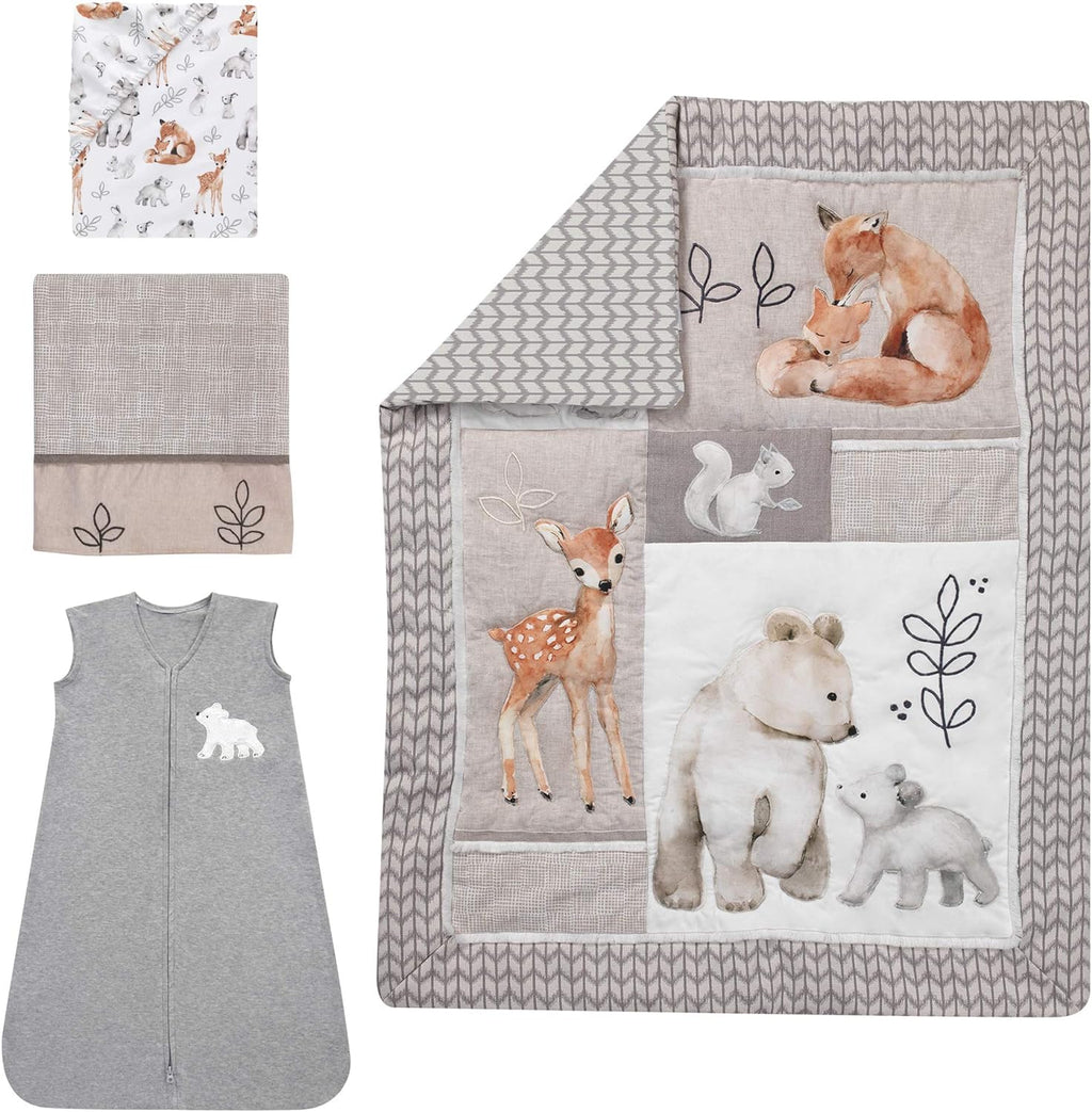 Lambs & Ivy Painted Forest 4-Piece Crib Bedding Set - Gray, Beige, White