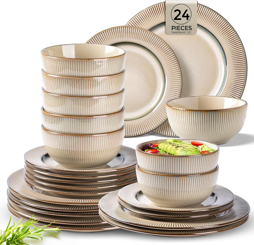 GBHOME Ceramic Dinnerware Sets, 24 pcs Embossed Elegant Stoneware Plates and Bowls Sets, Housewarming Wedding Gift | Dishwasher & Microwave Safe | Dishes Set Service for 8