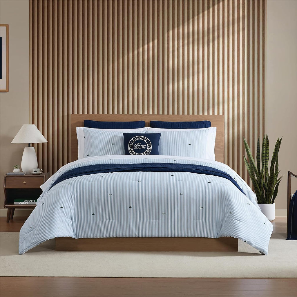 Lacoste Pinstripe Croc Comforter Set, 100% Percale Cotton 180TC, Breathable All Season Bedding with Embroidered Crocodile Logo, Blue, King