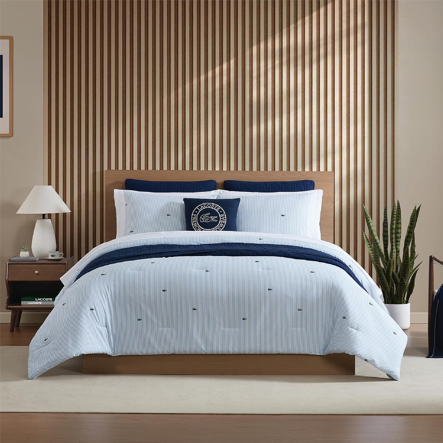 Lacoste Pinstripe Croc Comforter Set, 100% Percale Cotton 180TC, Breathable All Season Bedding with Embroidered Crocodile Logo, Blue, King