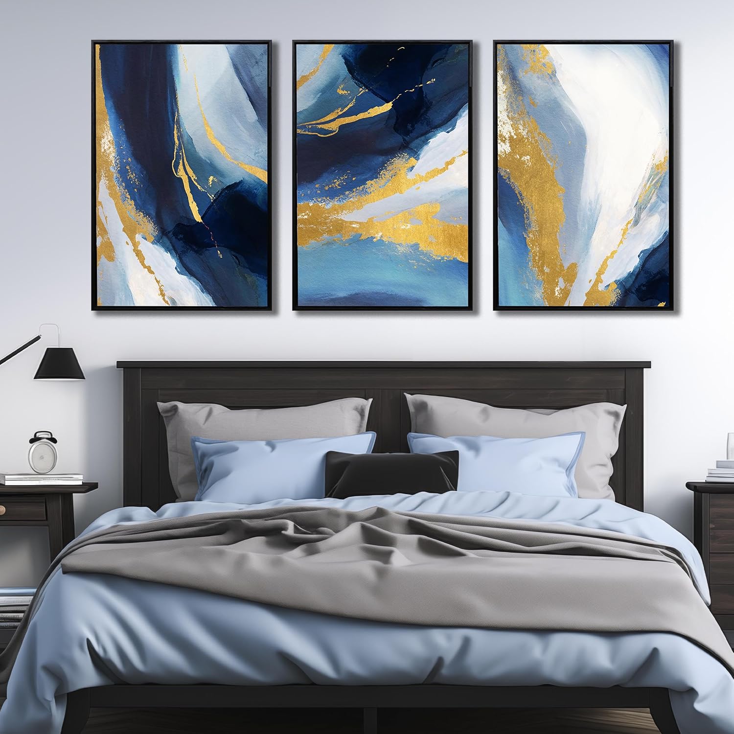 Abstract Wall Art for Living Room, Framed Canvas Wall-Decor for Bedroom, Blue White and Gold Picture Prints, Size 24 x 36 Inches 3-Pieces