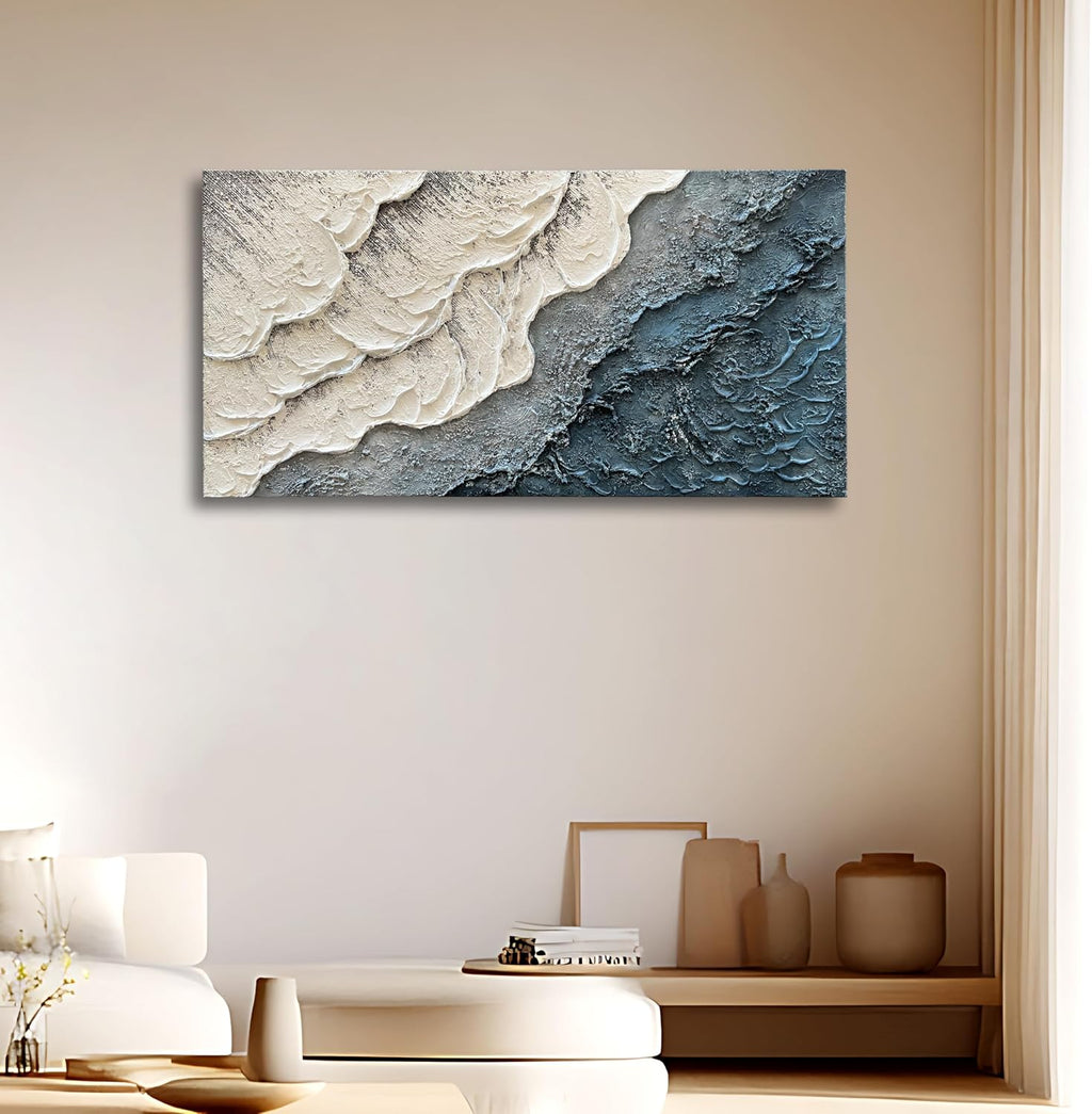 Art Hand-Painted White and Blue Gradient Wave Texture Abstract Oil Painting, 24x48-inch Canvas Painting, Home Office Wall Decoration Art