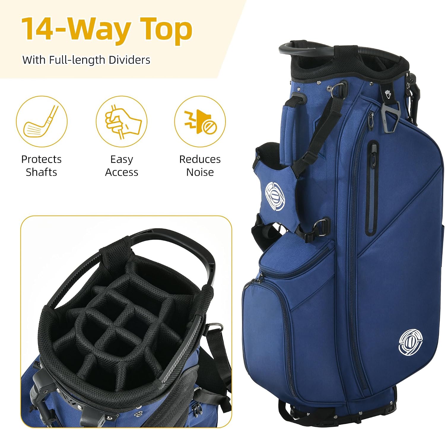 Golf Stand Bag 14 Way, Lightweight Golf Bags for Men Women with Stand, Padded Ergonomic Double Strap, Full Length Dividers, Multiple Pockets, Rain Hood