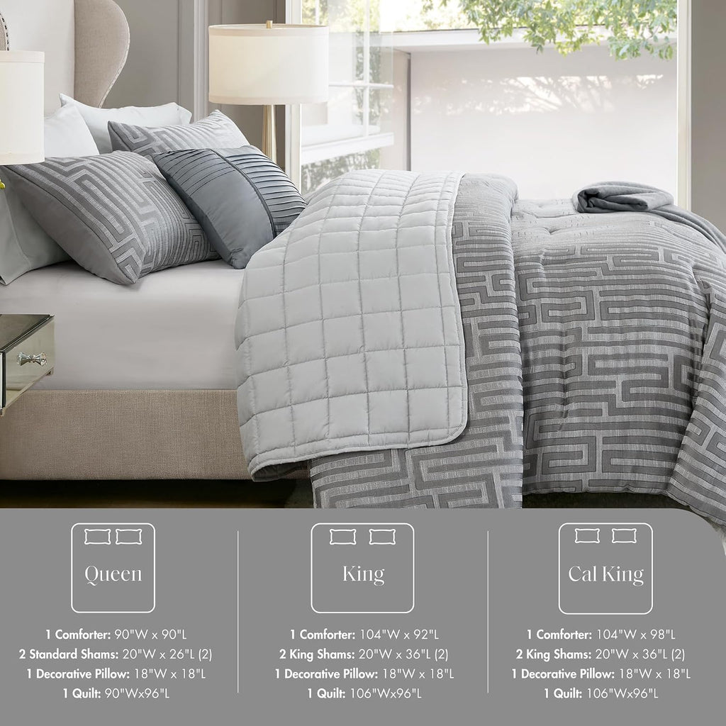 Madison Park Queen Comforter Set Jacquard Metallic Thread Comforters Queen Size Bed, All Season Comforter & Quilt Bedding Set Queen Size Comforter, Decor Pillows, Shams, Royce, Queen Grey 5 Piece