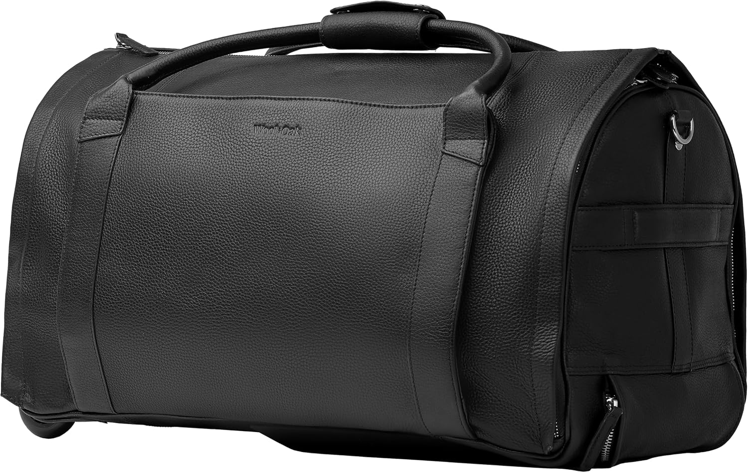 Wool & Oak - NOVA Large Duffle Bag with Wheels - Carry On Garment Duffle Bags for Travel, Overnight, & Hospital - Travel Bags for Women & Men with Shoe Compartment, Tech Pocket (Leather, Jet Black)