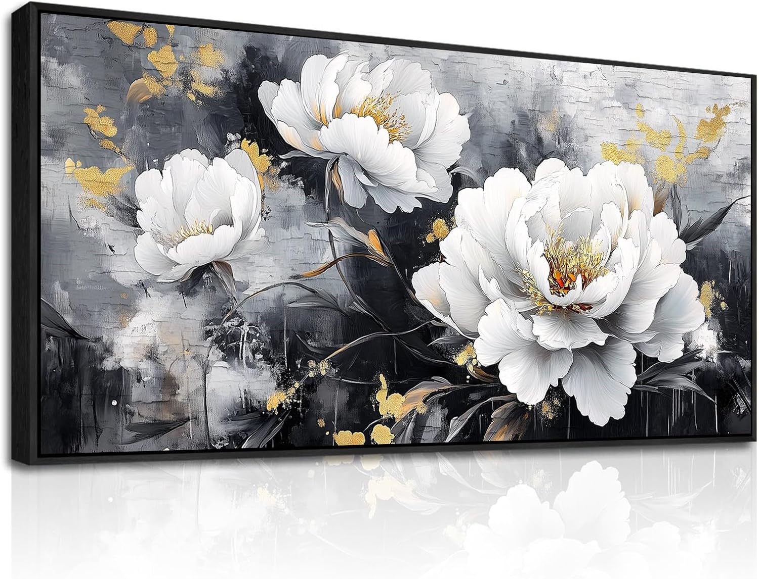 PHAOHUAXM Large Framed Canvas Wall Decor For Living Room Wall Art For Bedroom Modern Abstract Painting Ink-Wash White Flowers With Black Frames Dining Room Home Decor Print Artwork Posters 30'X60'