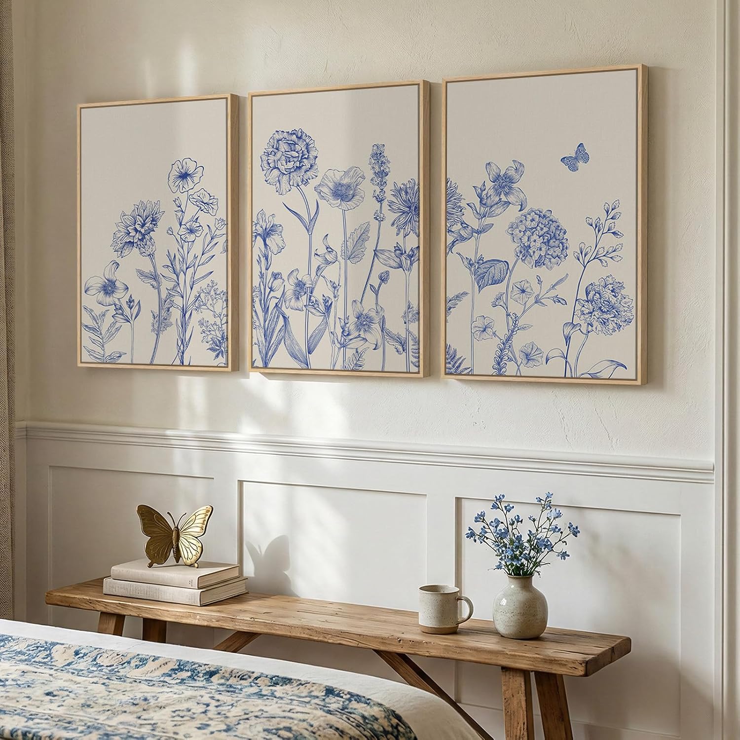 Framed Neutral Chinoiserie Blue Botanical Wall Art, 3 Piece Minimalist Floral Canvas Artwork for Modern Farmhouse, Flower Painting Prints for Living Room Bedroom Kitchen Office Dining Room, 20x30 In