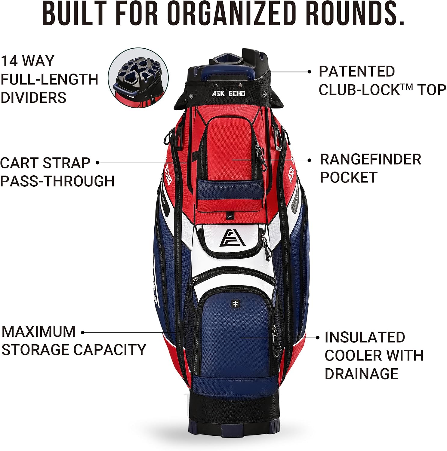 ASK ECHO T-Lock Golf Cart Bag with 14 Way Organizer Divider Top, Premium Cart Bag with Handles and Rain Cover for Men