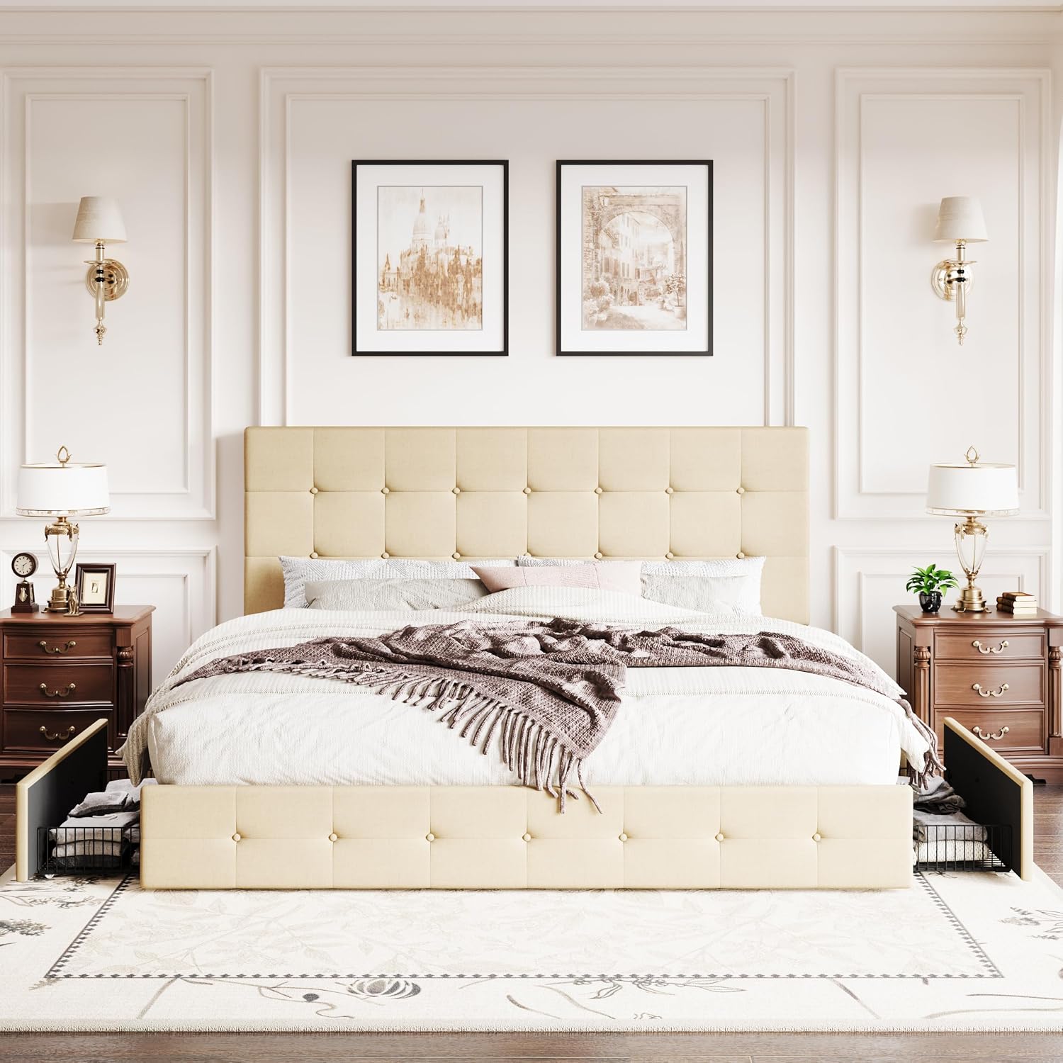 SHA CERLIN Upholstered King Size Platform Bed Frame with 4 Storage Drawers, Adjustable Headboard with Square Stitched Button Tufted Design, Wooden Slat Support, No Box Spring Needed, Beige