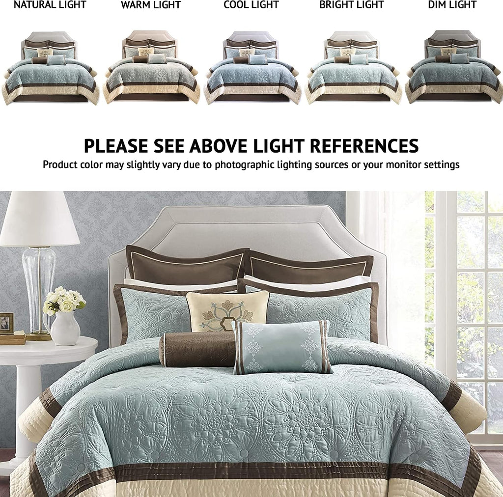 Madison Park Cozy Comforter Set Casual Modern Design All Season, Matching Bed Skirt, Decorative Pillows, Queen(92'x96'), Blue, 9 Piece (MP10-458)