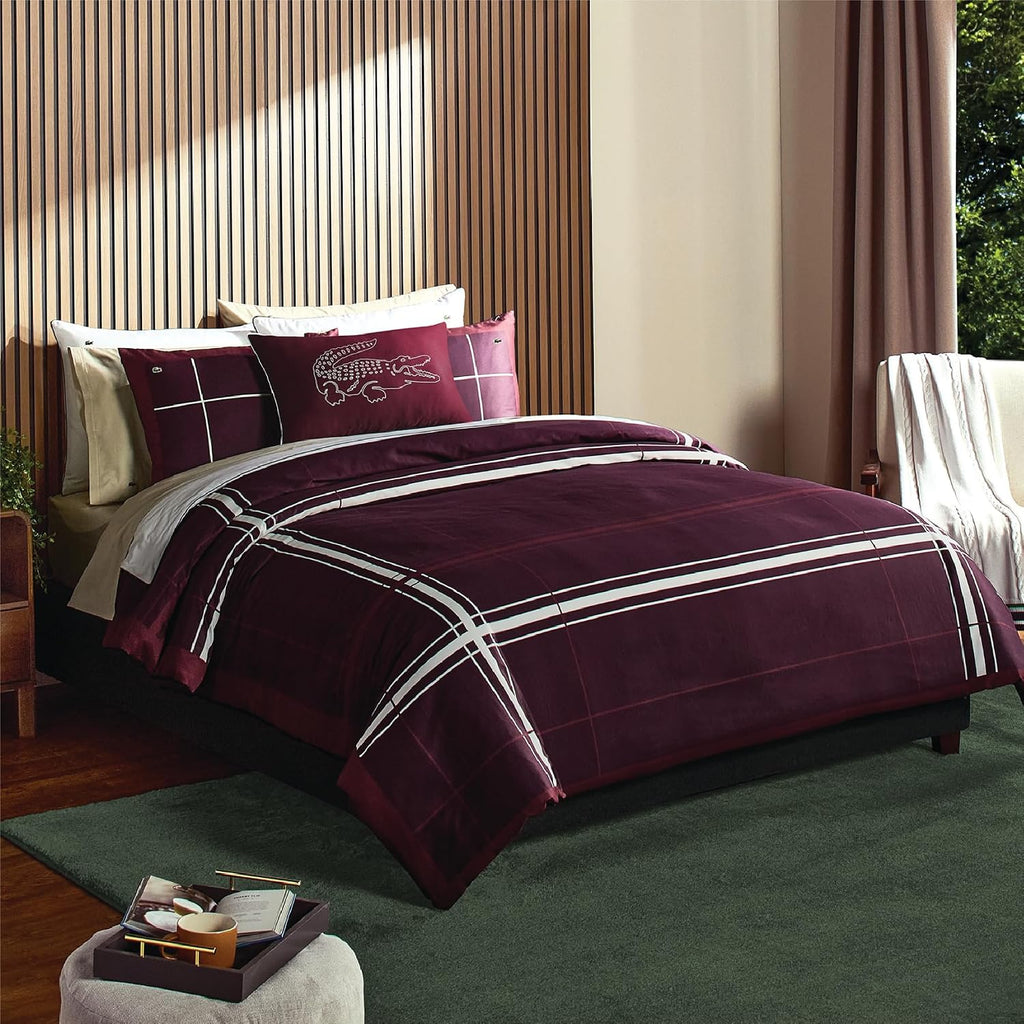 Lacoste Playful Checks Cotton Sateen 300-Thread Count Comforter Set – Medium Warmth, Oeko Tex Certified, Machine Washable, Burgundy, King