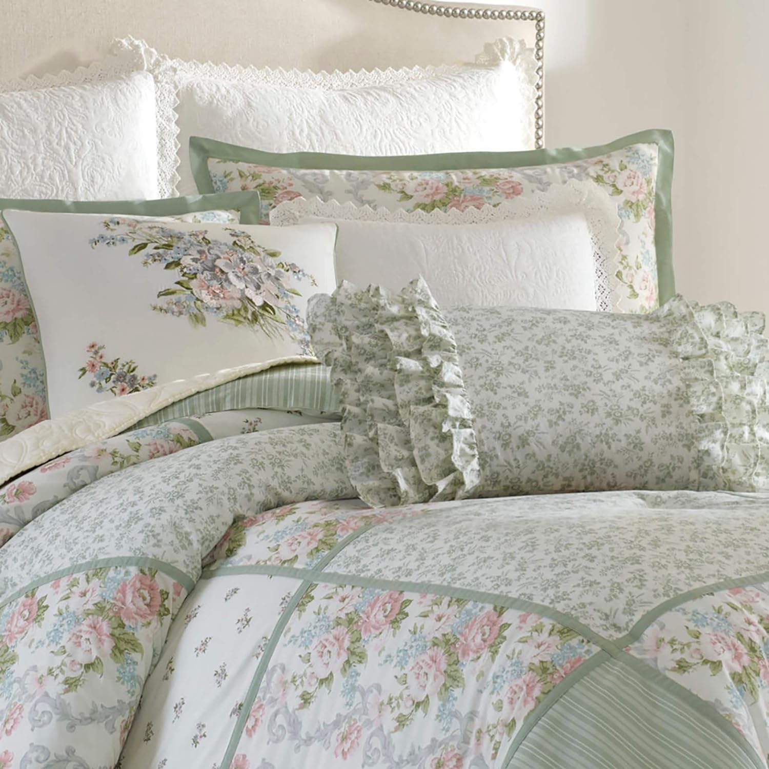 Laura Ashley - Full Comforter Set, Reversible Cotton Bedding with Matching Shams & Bedskirt, Stylish Home Decor for All Seasons (Harper Sage, Full)