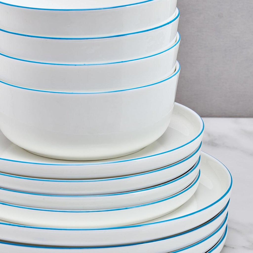 Mikasa Samantha 12 Piece Bone China Dinnerware Set, Service for 4, Flat Plates and Bowl with Blue Rim, Chip-Resistant, Lightweight, Elegant and Durable, White