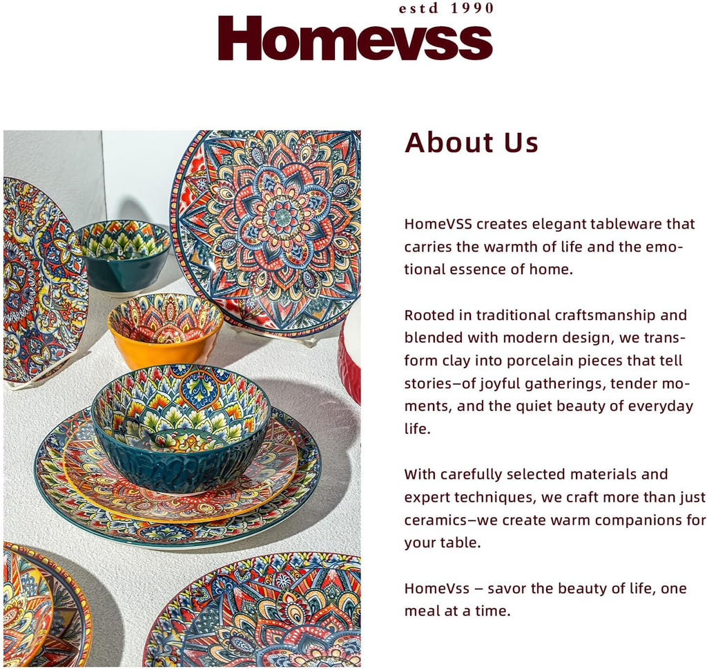 Homevss Boho 20 Pieces Dinnerware Sets, Plates and Bowls Set, Dishes Set for 4, Microwave and Dishwasher Safe, Scratch Resistant, Bohemian Style Dining Ware, Mixed Blue, Green, Orange and Red