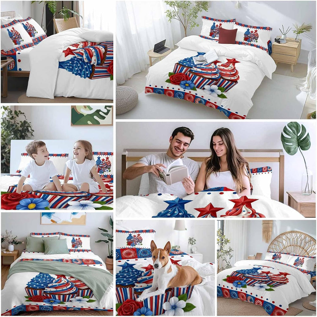 Independence Day Cupcakes Duvet Cover Set Queen Size 4 Pieces 4th of July Red Blue White Star Rose Flower Bedding Set with Zipper Closure, 1 Comforter Cover 92x106 Inches 1 Flat Sheet & 2 Pillow Cases