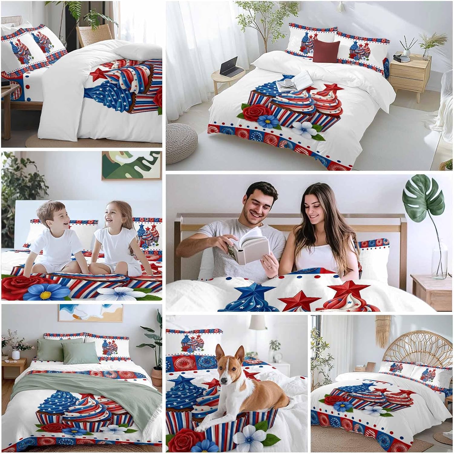 Independence Day Cupcakes Duvet Cover Set Queen Size 4 Pieces 4th of July Red Blue White Star Rose Flower Bedding Set with Zipper Closure, 1 Comforter Cover 92x106 Inches 1 Flat Sheet & 2 Pillow Cases