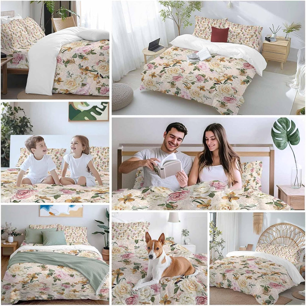 Prime Leader Floral Spring Duvet Cover Set Queen Size 4 Pieces Flower Retro Texture Bedding Set with Zipper Closure, 1 Comforter Cover 86x86 Inches 1 Flat Sheet & 2 Pillow Cases