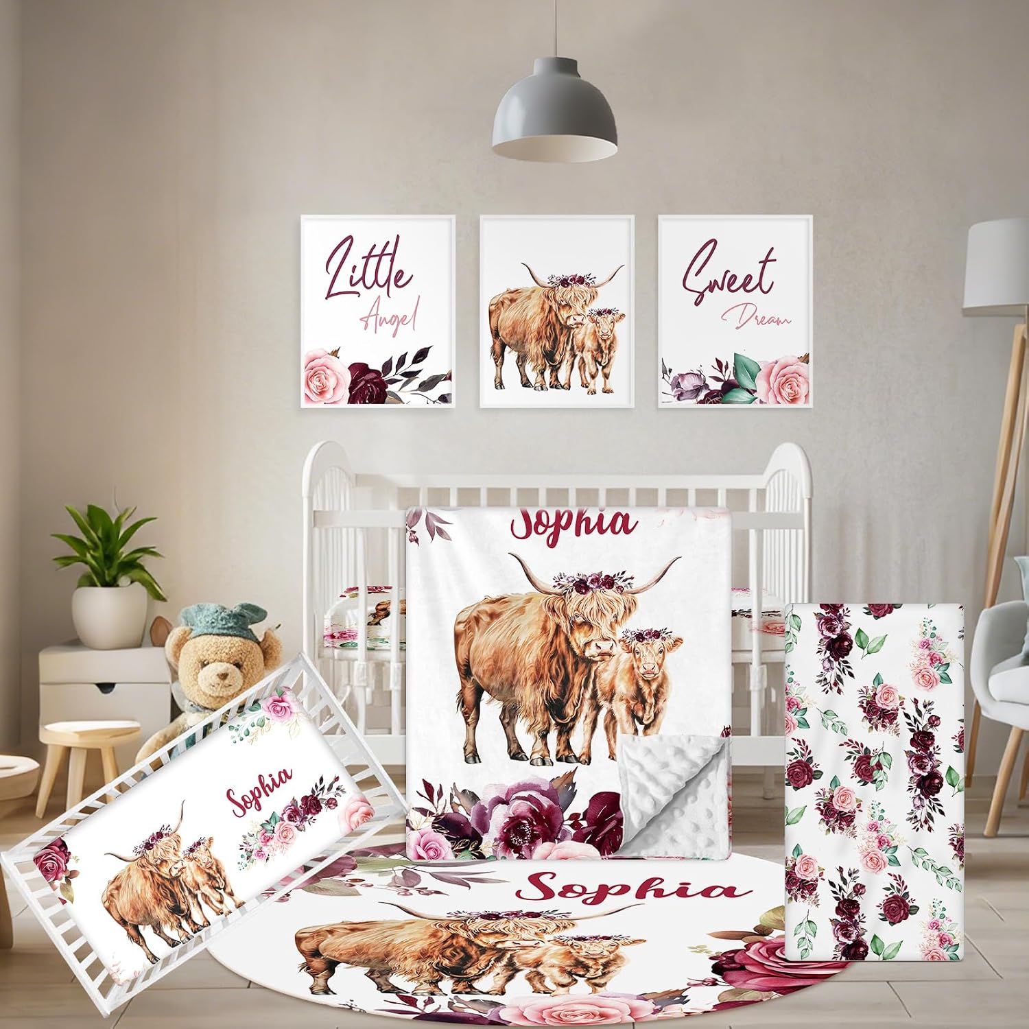 Terwex Custom Baby Crib Bedding Set, 5 Pcs Personalized Name Baby Crib Sets for Infant Toddler, Purple Highland Cow Nursery Bedding Set for Baby Girls, Double Layer Baby Bedding Sets Customized Gifts